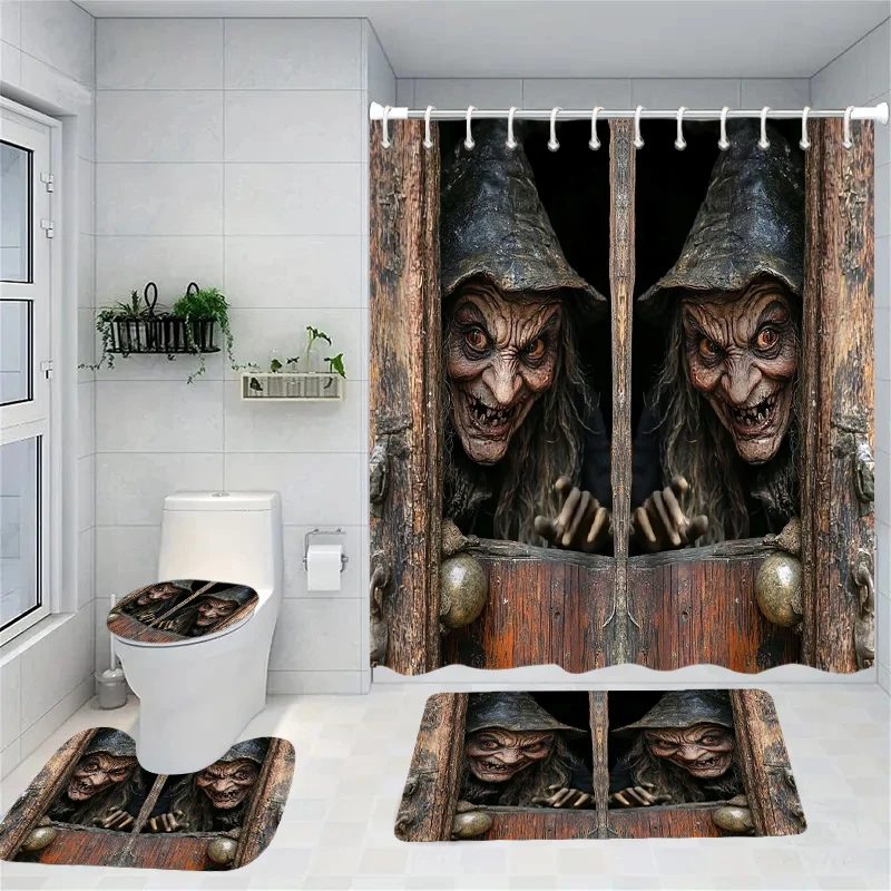 

Halloween scary Shower Curtain Witch Bath Sets Waterproof Non-Slip Bathroom Rug Toilet U With 12 Hooks Home Deco