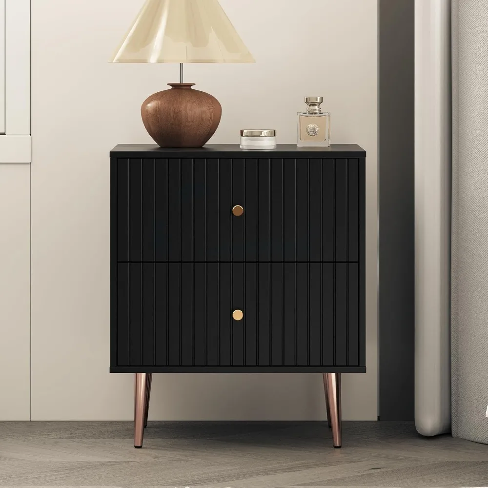 Zwarte nachtkastjes set van 2 personen, nachtkastje met opbergruimte met 2 lades, modern nachtkastje en bijzettafeltje van hout met rosé goud