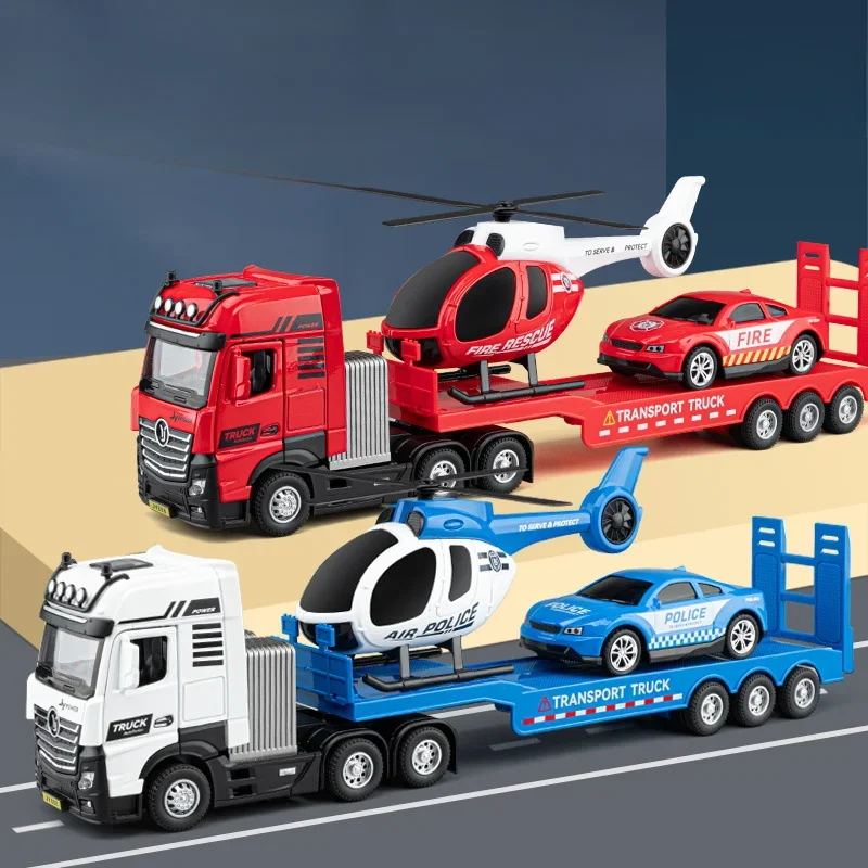 

Simuation 1/50 Alloy Engineering Truck Trailer Model with Excavator Police Car Helicopter Set Boy Diecast Toy Vehicle Gift Car