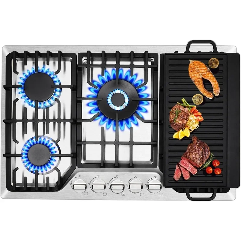 30 Inch Bulit-In Gas Cooktop with Griddle, 5 Italy SABAF Powerful Burners Over 92% High Efficiency, Max 48300BTU Gas Stove Top