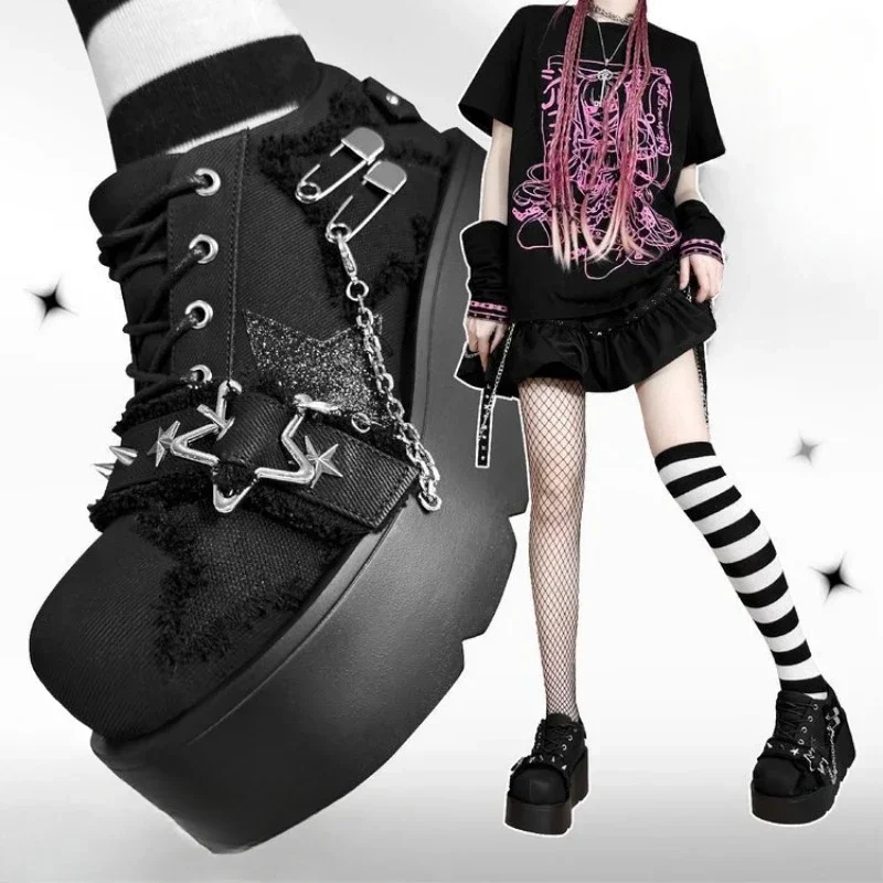 Punk Gothic Lolita Shoes Women Paltform Denim Shoes Design Stars Metal Chain Blue Denim Boots Cosplay Ladies Boots Jk Black Shoe