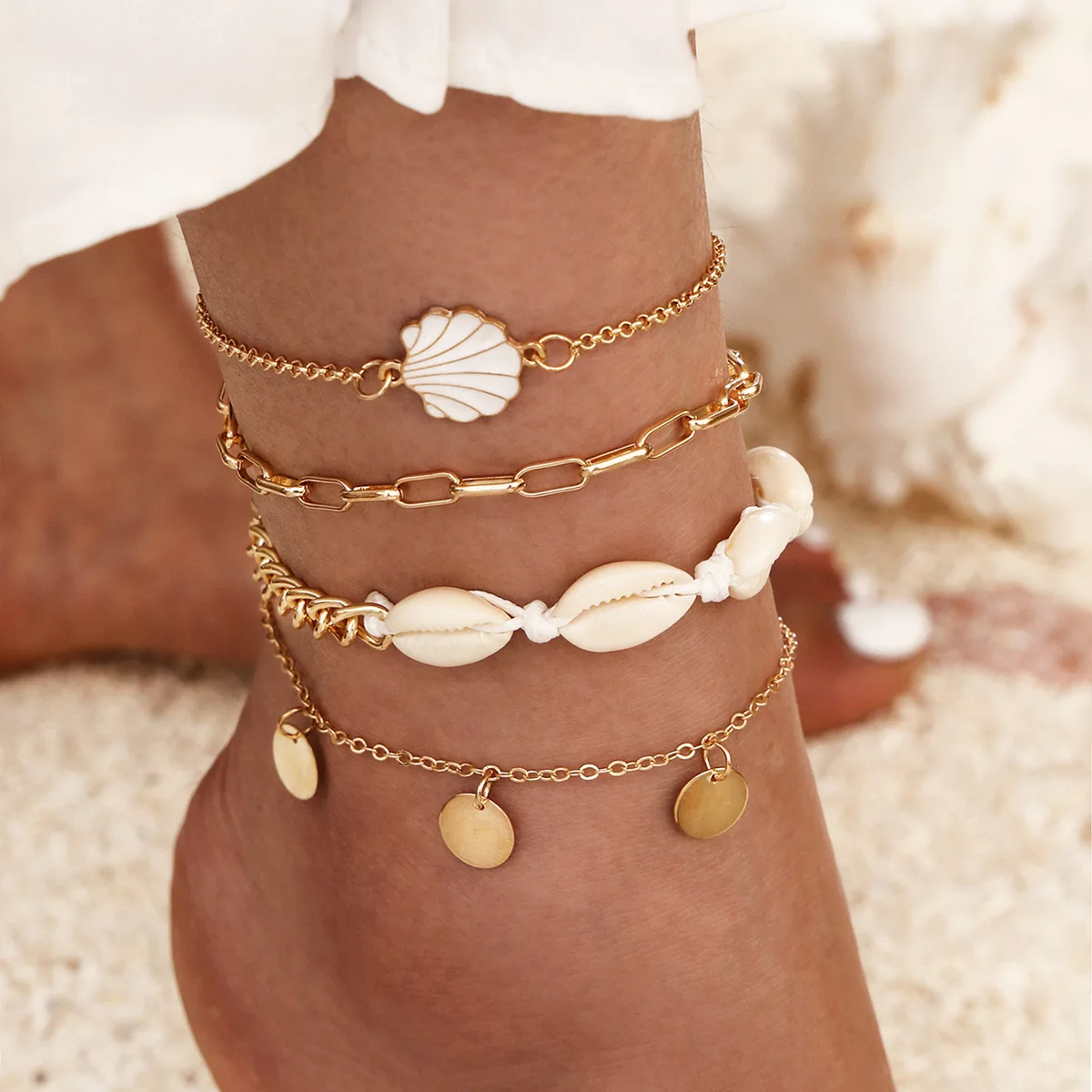 4pcs Exquisite Shell Chain Circular Fashion Ocean Wind Alloy Gold Color Ankle Set Woman Party Prom