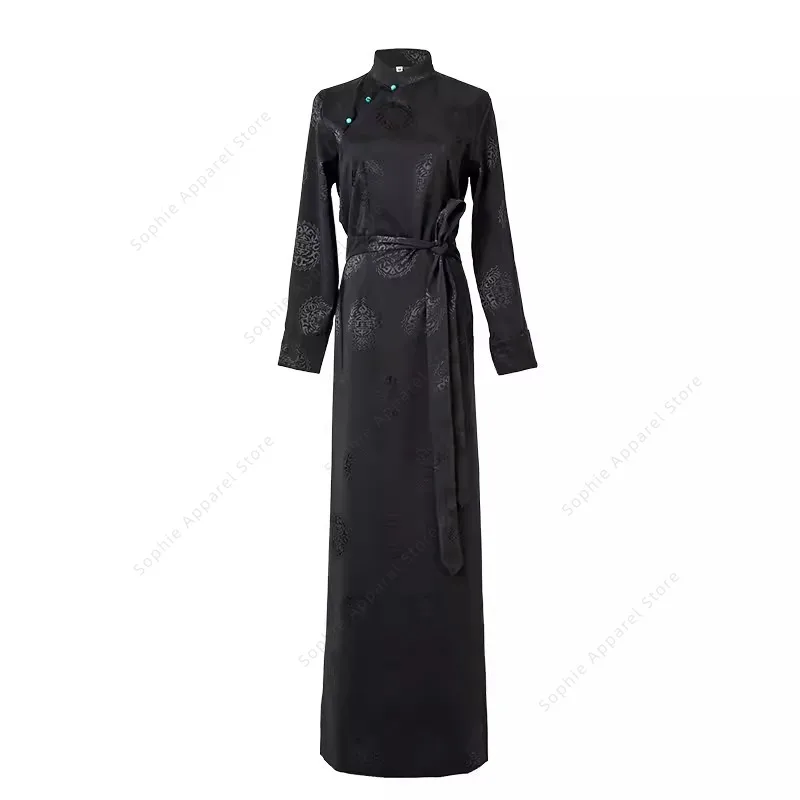 Vestido tibetano negro para mujer primavera otoño Bora Lhasa vestido elegante Oriental tibetano ropa túnicas chinas estilo Cheongsam