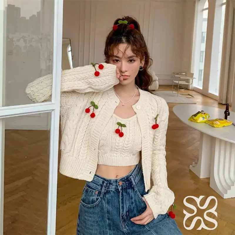 

Jumpers Spring Vest Camisole and Tops Female Wild O-neck Print Cardigan Knit Jacket Ladies Two Piece Sets Sweaters G538