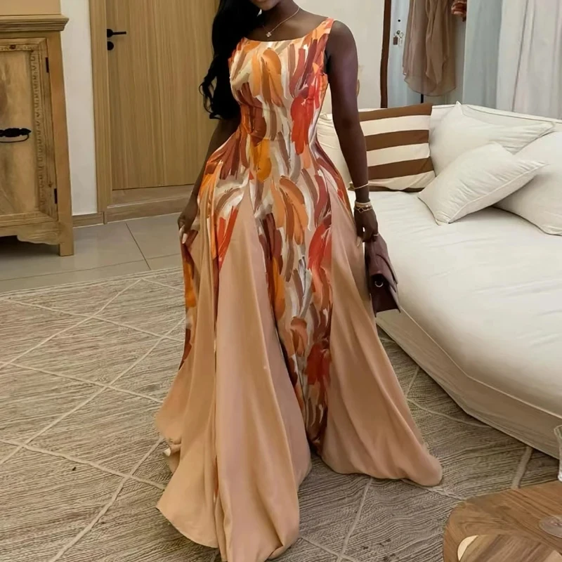 

Elegant Lady Slim Spliced Evening Dresses Casual Printed Sleeveless Halter Maxi Dress Summer New High Waist Pleated Party Dress