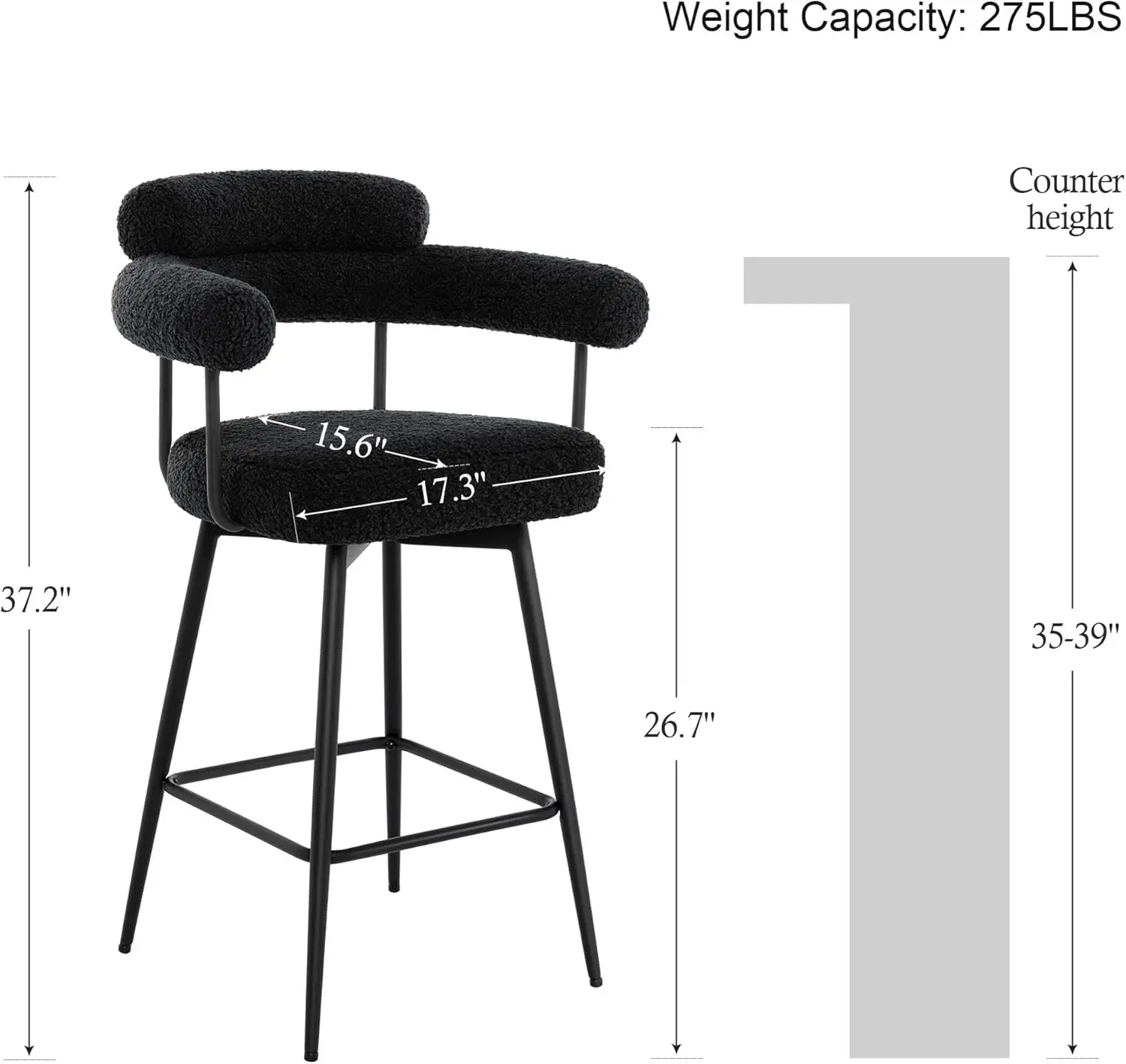 ONEVOG Counter Height Bar Stools Swivel, Black Boucle Sherpa Bar Chairs with Arms, Modern Upholstered Seat for Countertop