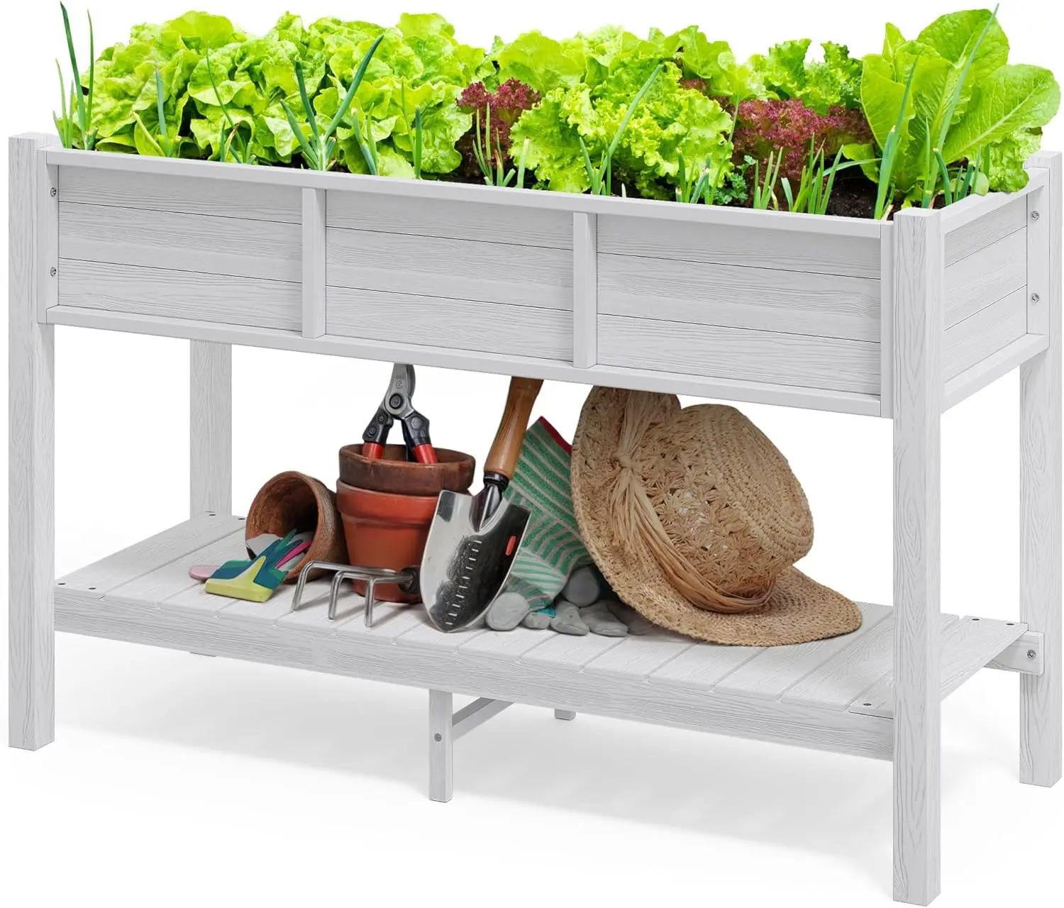 

Поднятая садовая кровать размером 48x18x30 дюймов, подставка для коробки для цветов из полиэстера, устойчивая к атмосферным воздействиям коробка для цветов с ножками и полкой для хранения, приподнятая система