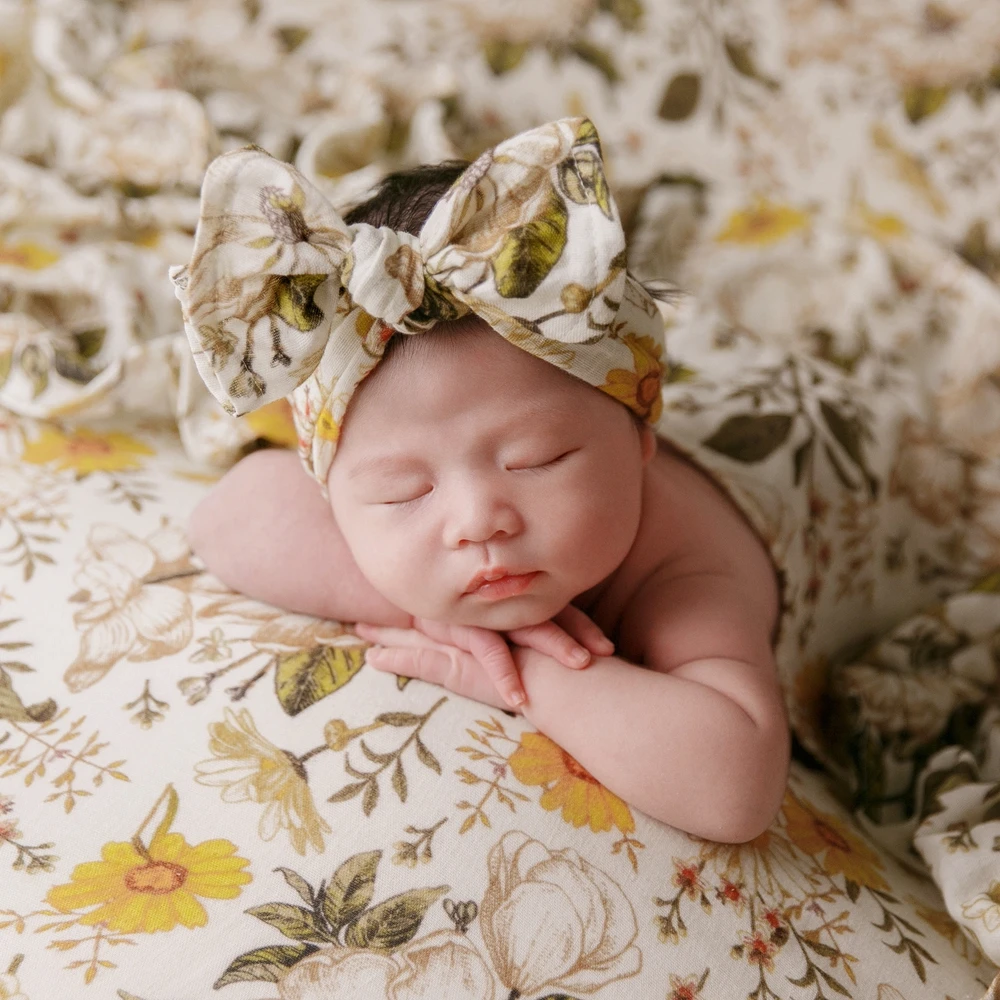 Floral Newborn Posing Fabric Blanket Wrap Headband for Photography Props Cotton Baby Floral Blanket Photo Shoot Newborn Backdrop