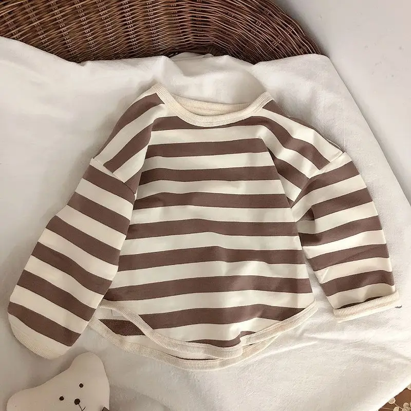 Spring Kids Striped Long Sleeves T-shirt Toddler Girl Loose Bottoming Shirt Boy Baby Casual Tops Fashion Children Cotton Tees