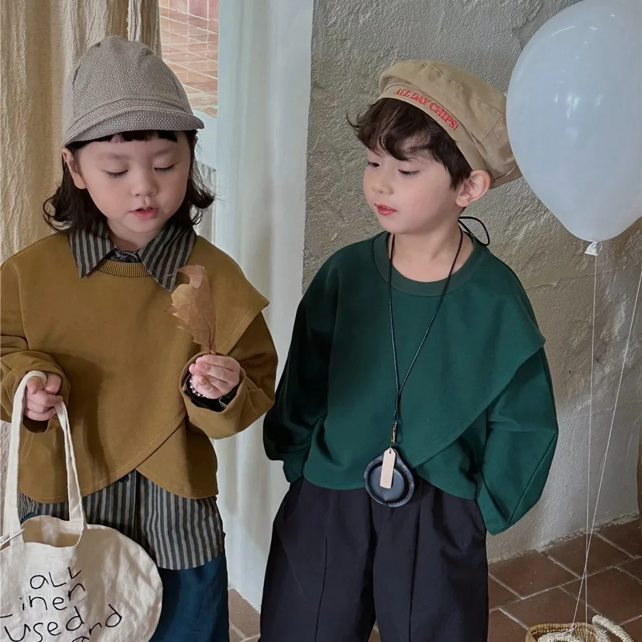 

Children Clothing Kids Casual Simple T Shirt 2024 Spring Solid Color Irregular Hoodie Boys and Girls Baby Long-sleeved T-shirt