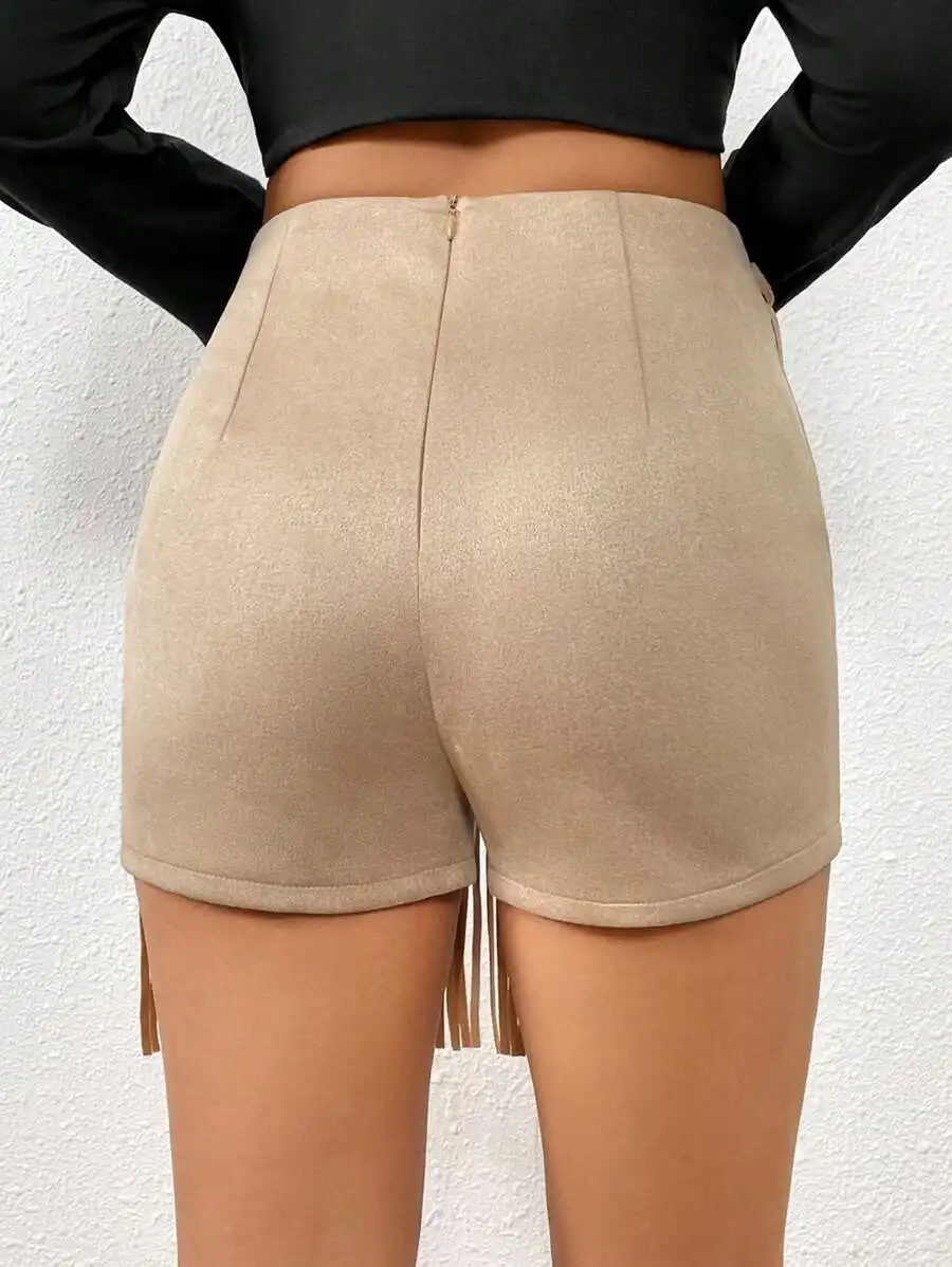

Faux Suede Fringe Trim High Waist Shorts For Women