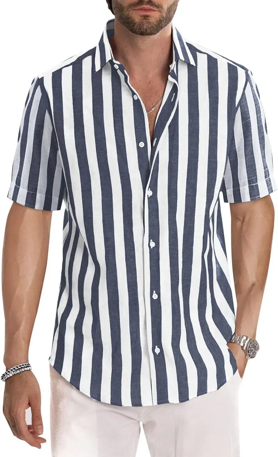 

Simple Design Men's Stripe Shirt Summer Daily Casual Lapel Button Short Sleeve Shirts Loose Breathable Quick Drying Male Clothes