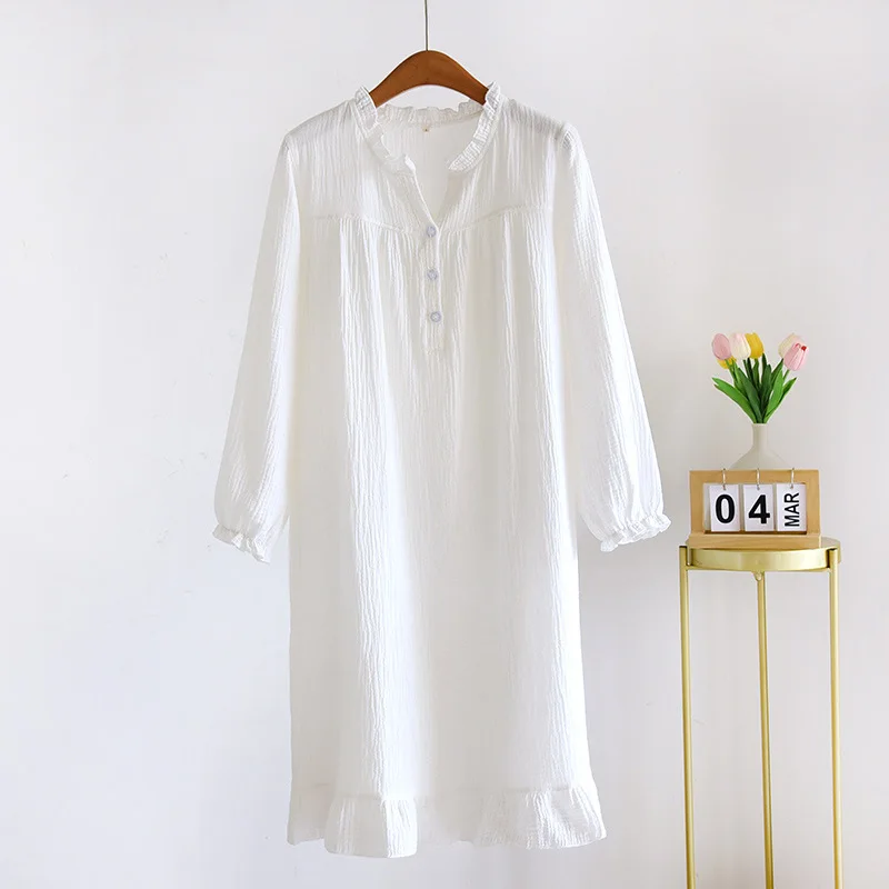 Women Pure Cotton Crepe Night Dress Sleepwear Sexy Lady V-neck Long Sleeve Nighties 2023 Spring Summer New Nightgown Nightdress