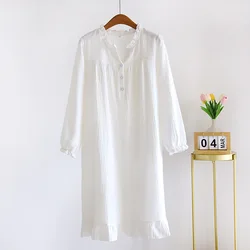 Women Pure Cotton Crepe Night Dress Sleepwear Sexy Lady V-neck Long Sleeve Nighties Spring Summer New Nightgown Nightdress