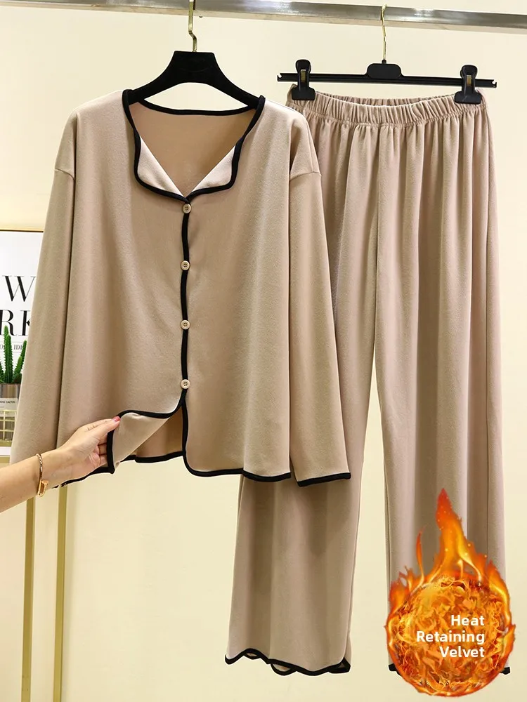 

Women's Loose Fce Pajamas Spwear Winter Thiened Long Sve Home Clothes Set Warm Cardigan Outerwear Two-Piece Set