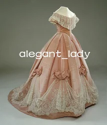 1865 Victorian costumes Prom Dresses Outfit Pink Puffy Skirt Lace Floral Countess off Shoudler Evening Occasion Gown customsized