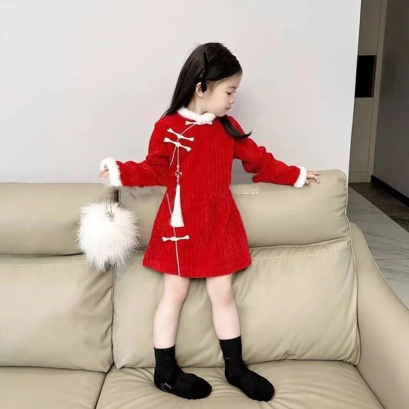 

Baby Girls Velvet Cheongsam Dress Autumn and Winter 2026 New Style Red Children's Chinese New Year Dress 90-140CM