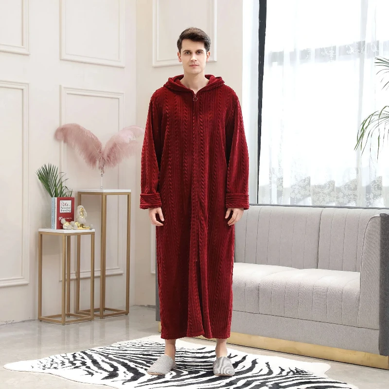 Popular Men\'s Plus Fat and Oversized Home Clothes Winter Flannel Pajamas Zipper Bathrobe Warm Pajamas Solid Color Long Pajamas