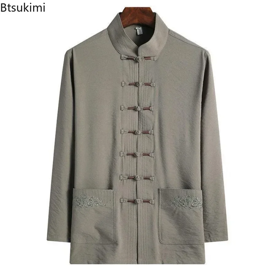 Traditional Chinese Style Men Hanfu Tang Suit Fashion Stand Collar Embroidery Tops 2025 Male Comfort Long Sleeve Ice Silk Shirts