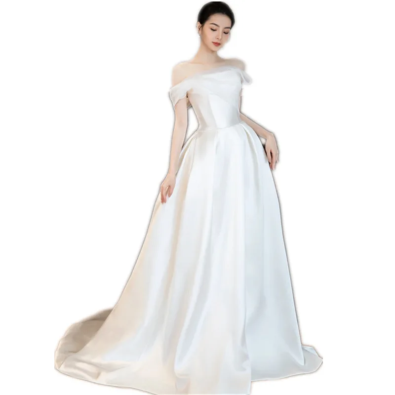 Off The Shoulder Wedding Dresses Elegant New Satin Bridal Dress With Small Train Simple A Line Long Vestido Plus Size Customized