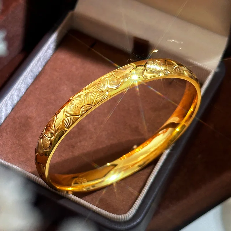 24k 9999 Gold Ancient Engraved Daisy Bracelet, 8mm Wide, Smooth Sunflower Bracelet