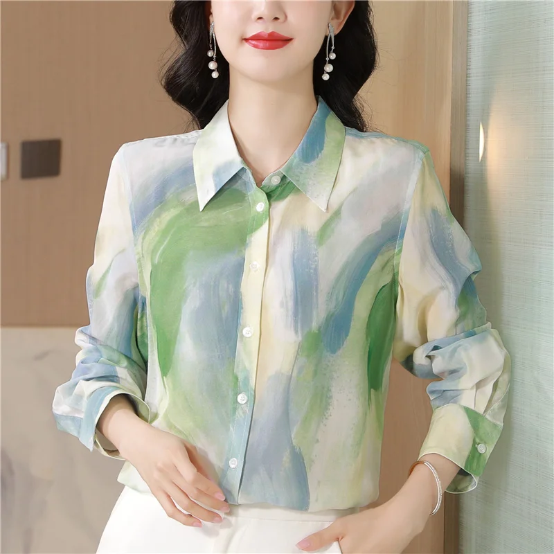 Elegant Flower Printed Satin Shirts And Blouses Women New 2024 Fashion Korean style Women\'s Clothing Blusa Tops Camisas E Blusas