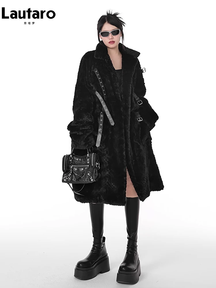 Lautaro Winter Coole Lange Lose Beiläufige Weiche Dicke Warme Schwarz Fuzzy Faux Pelzmantel Frauen Stehen Kragen Punk Stil Flauschige Jacke 2023