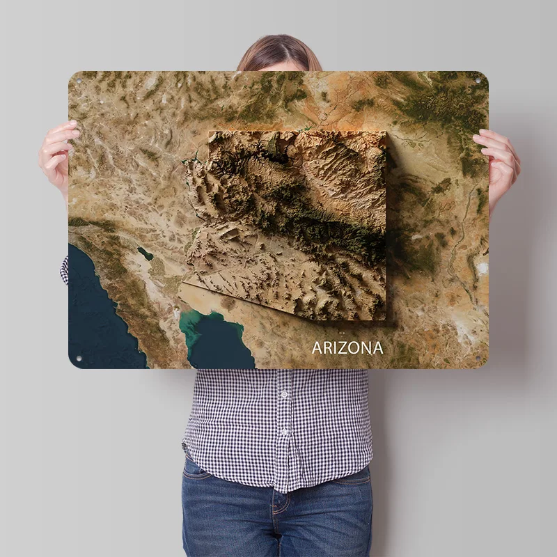 Topographic Map of Arizona Personalized 3D Textured Metal Poster Wall Art Tinplate Sign for Luxury Decoration Home Decorations