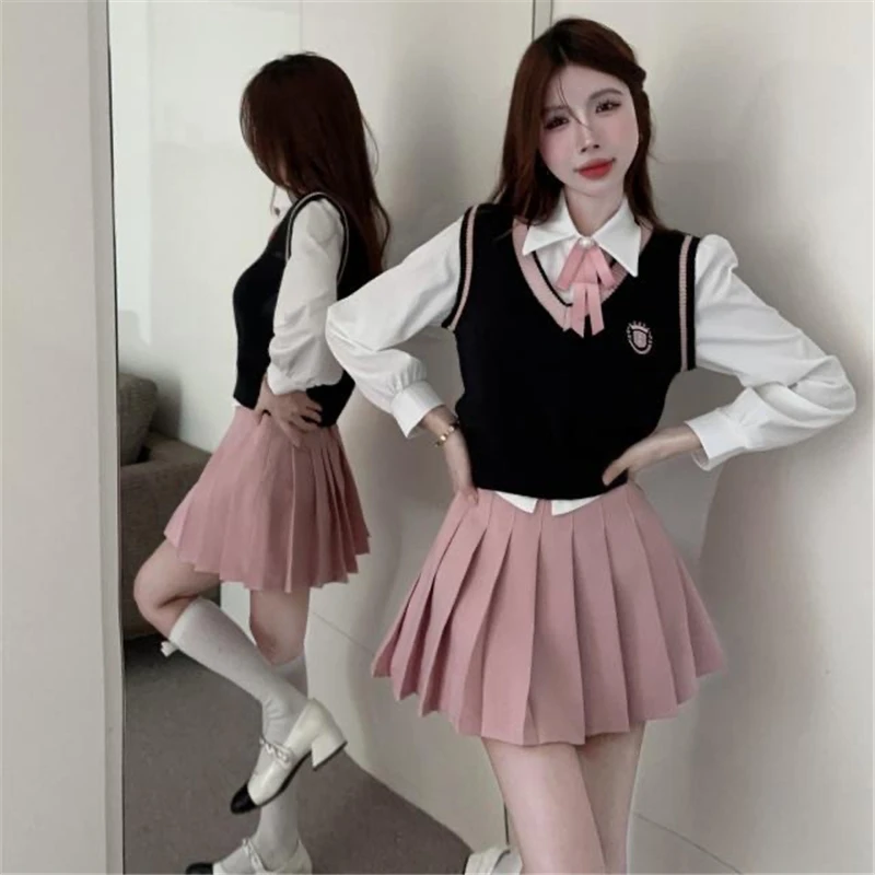 Korean Chic School Uniform Girls Spring/Autumn American Style JK Uniform Set Women\'s Vest Shirt+Knitted Vest+ Pleated Skirt Pink