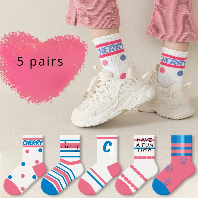 5 Pairs of Children\'s Fashion Striped Trend Color Match for Boys and Girls Spring and Autumn Comfortable Soft Mid-tube Socks