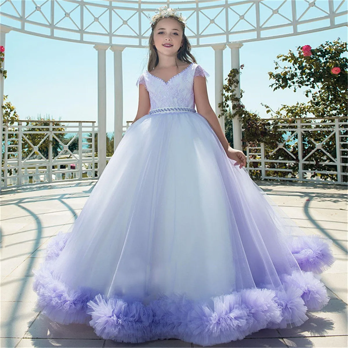 Elegant Luxury Ball Flower Girl Dress V-neck Ground Length Fluffy Tulle Sleeveless  Pageant First Communion Gowns Birthday Gift