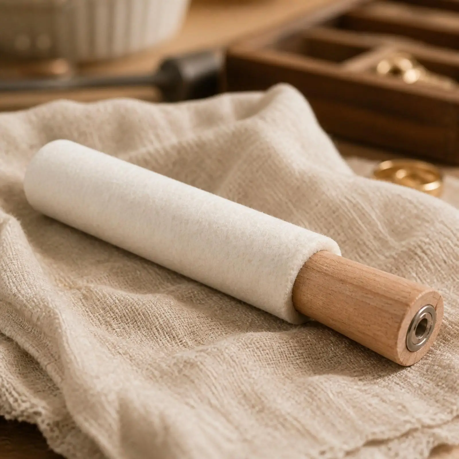Hand Polishing Stick for Jewelry Rings Wool Fiber Covered Rod with Wooden Grip for Interior Smoothing Work