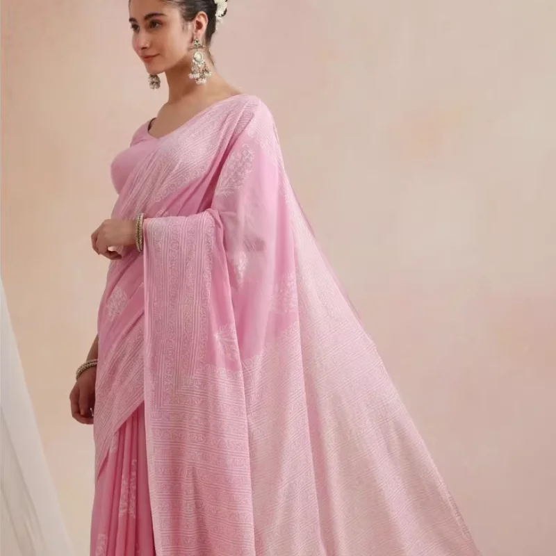 

Indonesia and Nepal Chiffon Light Pink Cotton-Linen Ethnic Festival Traditional Print