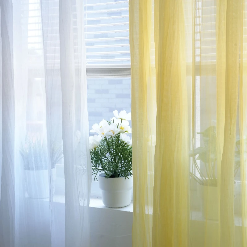 Yellow White Crimped Window Screen Curtains for Living Room Bedroom French Window Balcony Customized Finished Partition Curtain