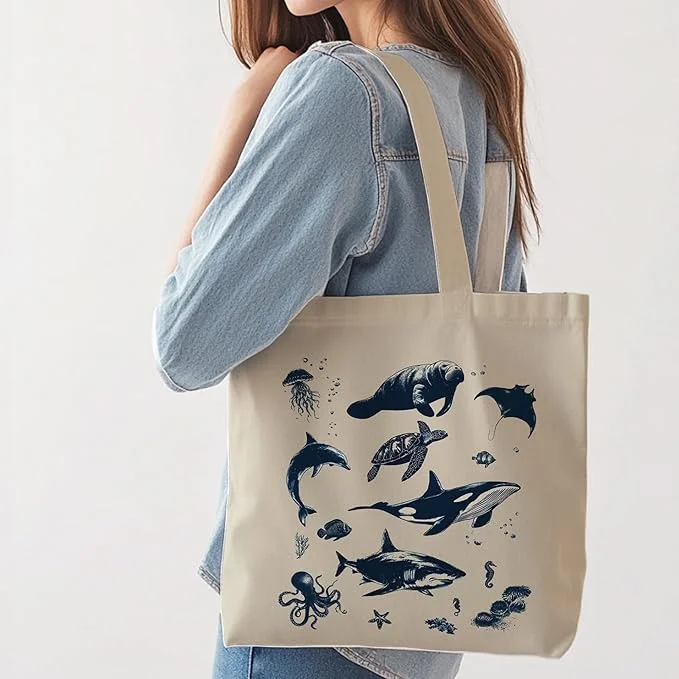 Minimalist Blue Ocean Creatures Print Tote Bag Boho Canvas Shoulder Bag with Whale Shark Design Casual Fashion Handbag for Women