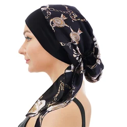 Solid Color Pre-tie Printed Turban For Women Wide Band Beanies Female Stretch Bandana Headwear Night Sleep Hats Cancer Chemo Cap
