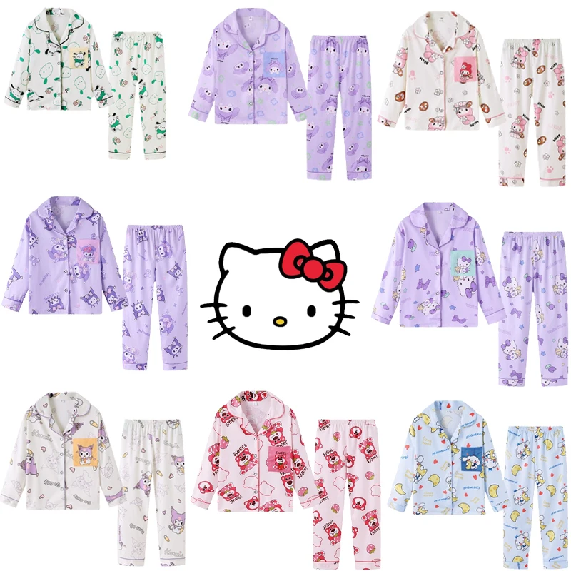 

Kawaii Hello Kitty Kuromi My Melody Детская Хлопковая пижама с длинными рукавами комплект Аниме Sanrio Милая женская домашняя одежда с сердечками