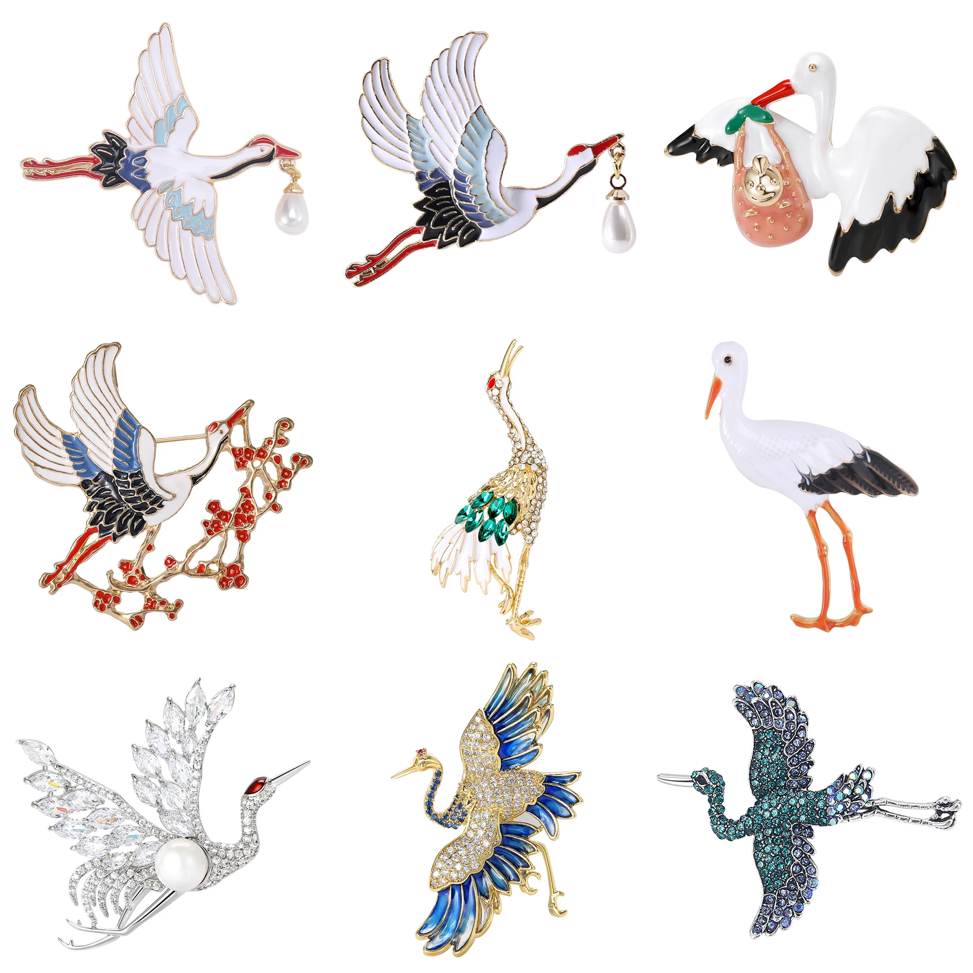 Luxury Rhinestone Crane Brooches for Women Unisex Enamel Animal Bird Pins Banquet Party Backpack Gifts Jewelry Accessories