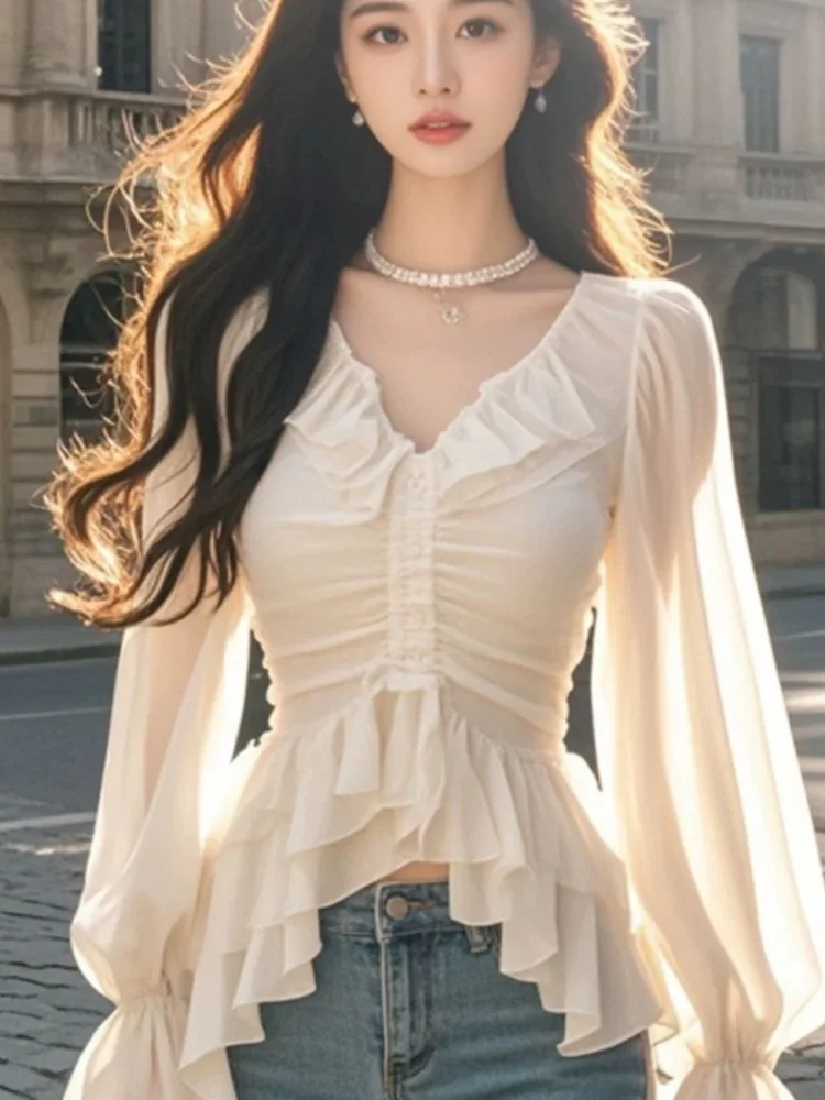 

Elegant Chiffon Multi-layer Shirt Women Chic Bubble Sleeves V-neck Multi-layer Top 2026 New Lady Spring Commuting Daily Tops