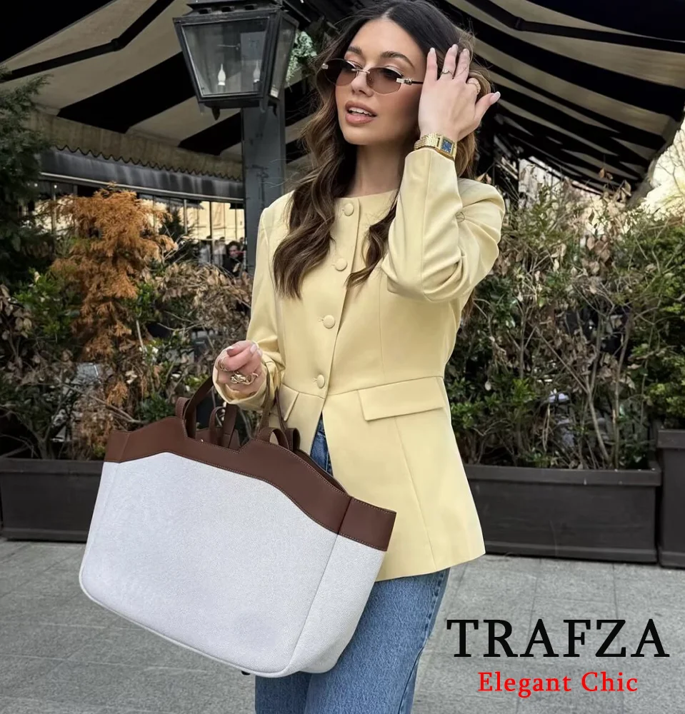 

TRAFZA Элегантный желтый тонкий пиджак женский с круглым вырезом на пуговицах 2022, весенне-осенний модный уличный повседневный женский пиджак