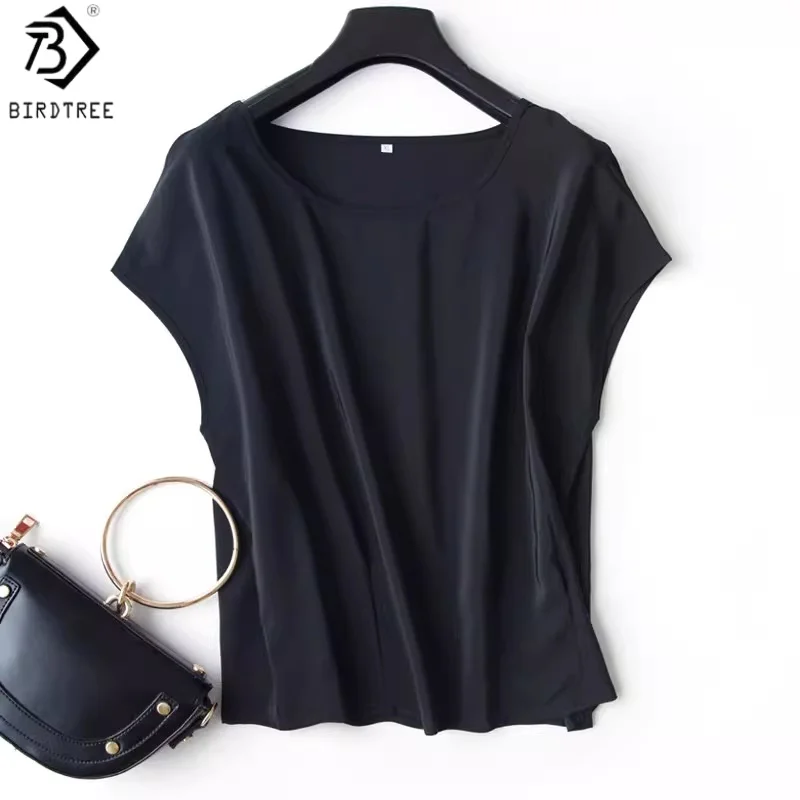 Birdtree, 100% Silk Black Tshirt, Raglan Sleeve Top, Women Double Crepe O-neck Shirt, Soft Loose Smock, 2026 Spring New T63110JF
