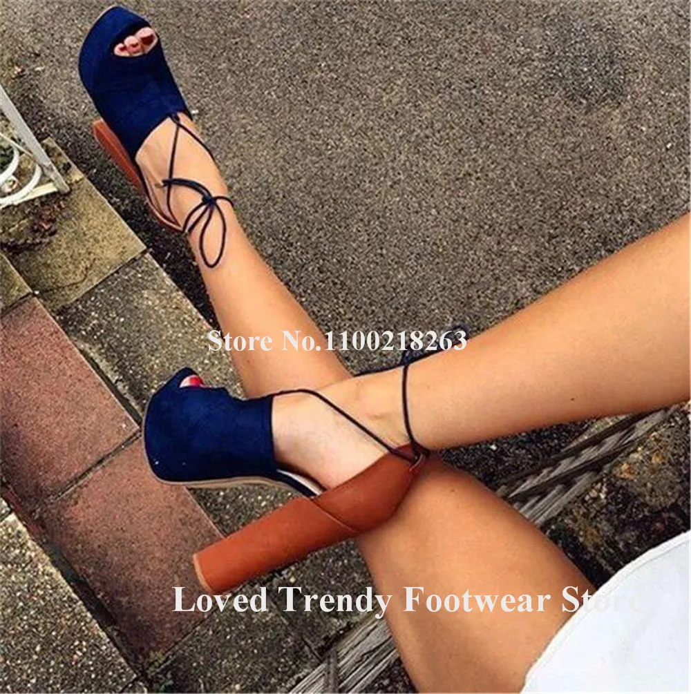 Elegant Patchwork Chunky Heel Sandals Peep Toe Blue Beige Straps Cross High Platform Thick Heel Dress Shoes Big Size Club Heels