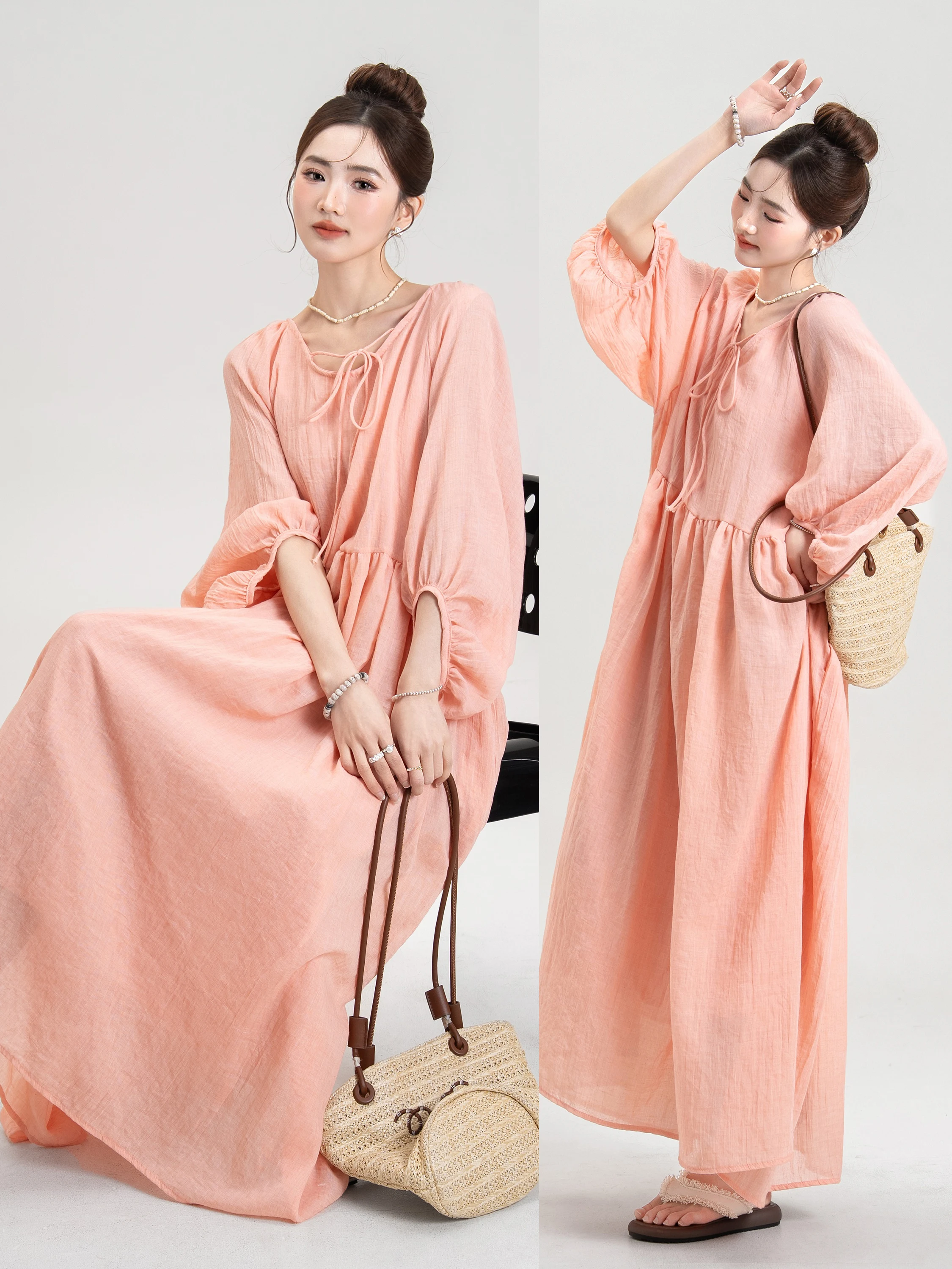 

Женское длинное платье LM Orange Bellflower Peach Soft Pink для весны и лета, с завышенной талией, V-образным вырезом, эффектом тай-дай, из конопляной ткани, повседневное, для отдыха