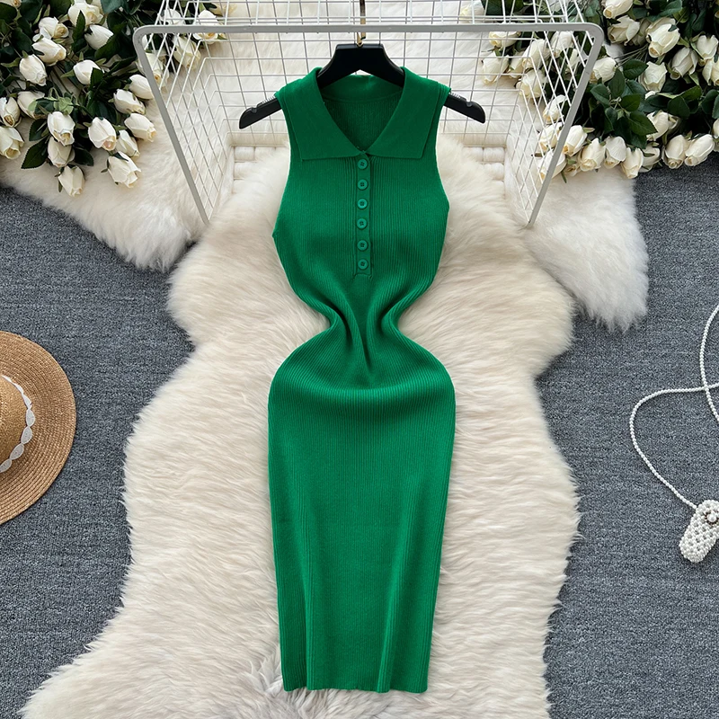 ITOOLIN Frauen Sexy Polo Neck Einreiher Kleid Vielseitig Schlank Ärmelloses, Figurbetontes Kleid Solide Off Schulter Elastische Strickkleid