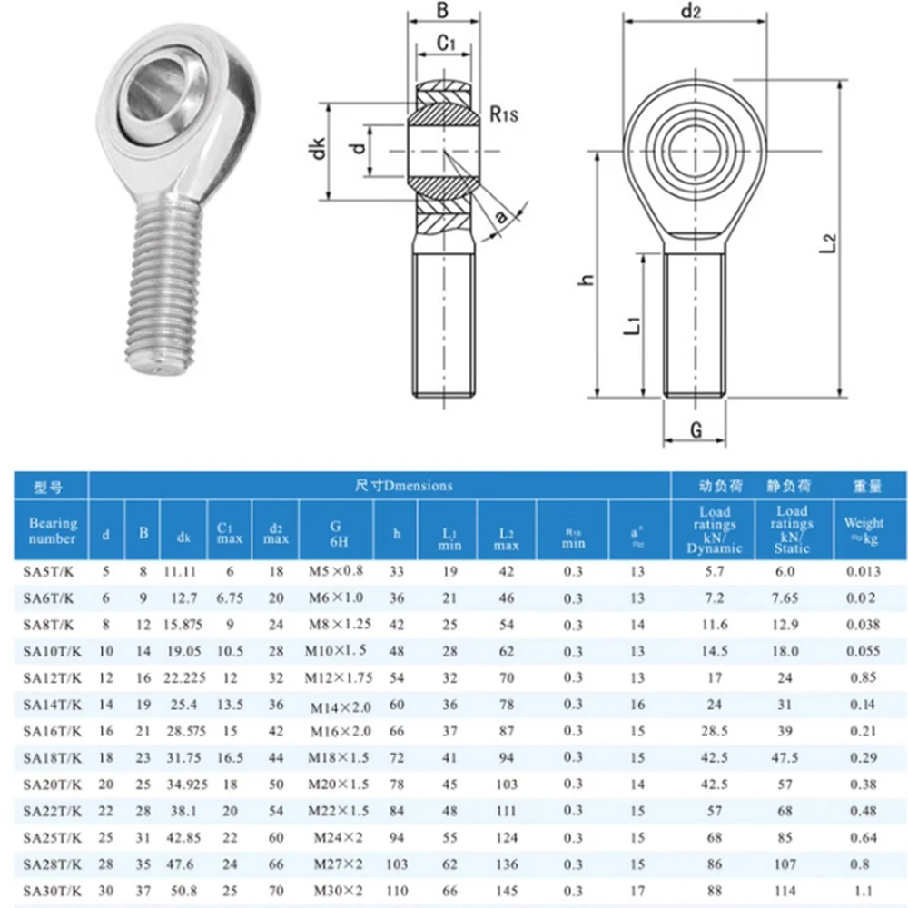 1Pcs SA/SAL 5/6/8/10/12/14/-25 Rod End Joint Bearing External Thread Metric Male Right /left Hand Fish Eye Sa T/k Ball Bearing