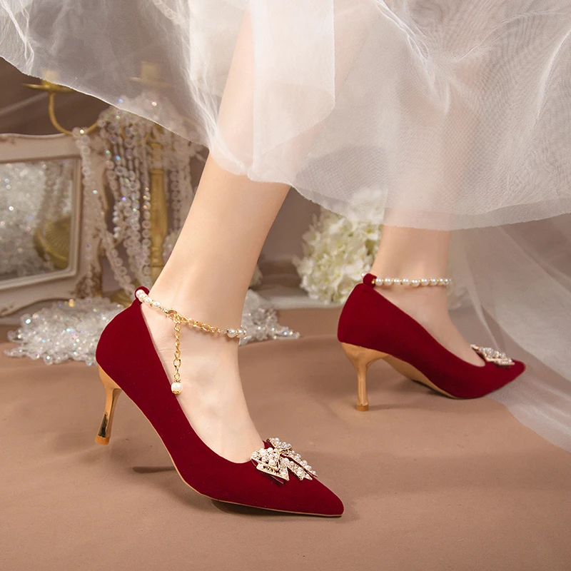 Red Pearl Bowknot Wedding Party Shoes for Women String Bead Thin Heels Pumps Ladies Ankle Strap Pointed Toe High Heels Shoes