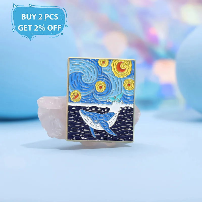 Abstract Oil Painting Enamel Pins Custom Night Sky Ocean Whale Brooches Lapel Badges Punk Jewelry Gift for Friends