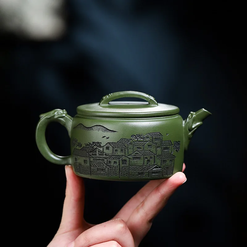 

Yixing Handmade Ink Green Mud Famous Family Style Purple Sand Pot, One Batch, Ancient Rhyme Dragon Tile Tea Pot, Sealed Shipping