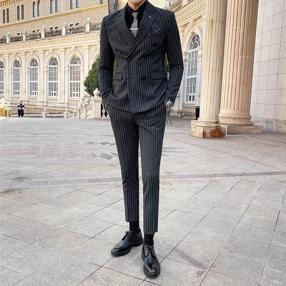 

2Pieces Double Breasted Suits for Men Wedding Slim Fit Formal Groom Tuxedo Black Stripe Custom Made Suit Jacket with Pants