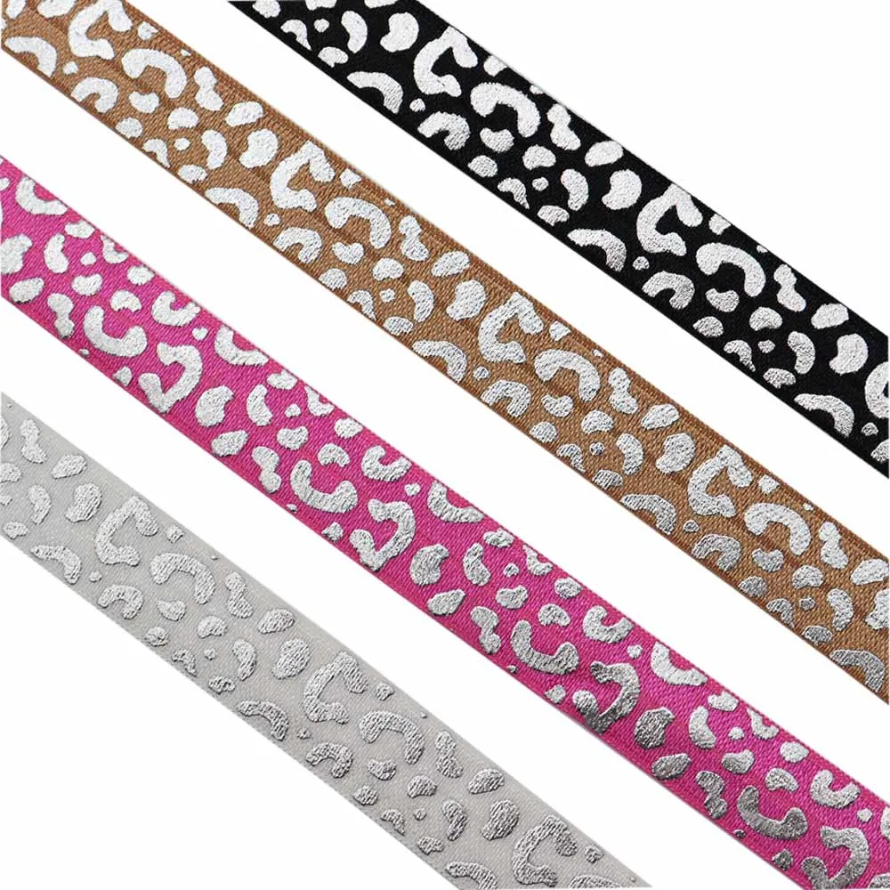 5/8\'\' 15mm Gold Silver Foil Leopard Print Fold Over Elastic Ribbon FOE Band For Hair Ties Headwear DIY Sewing Decoration